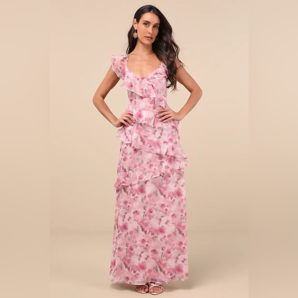 Elegant Pink Floral Ruffle Dress